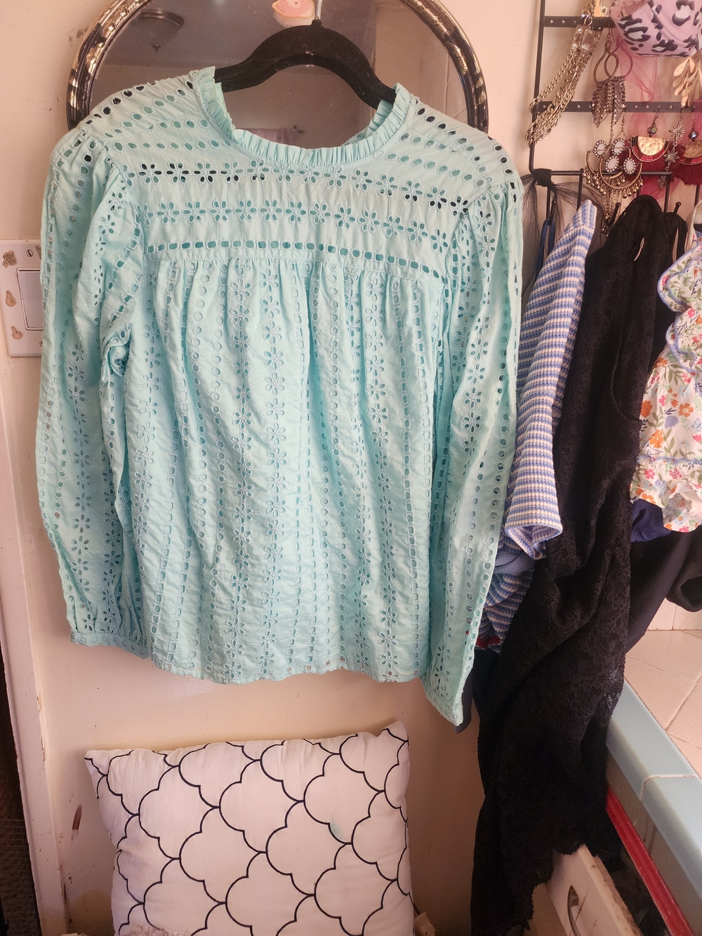 J. Crew Mint Eyelet Long-Sleeve Blouse